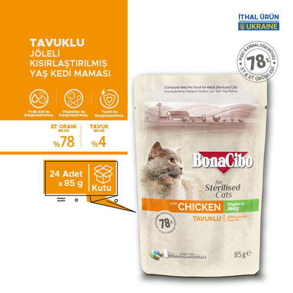 BonaCibo Jöleli Tavuklu Kısırlaştırılmış Kedi Pouch Maması 85 gr x 12