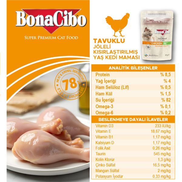 BonaCibo Jöleli Tavuklu Kısırlaştırılmış Kedi Pouch Maması 85 gr x 12