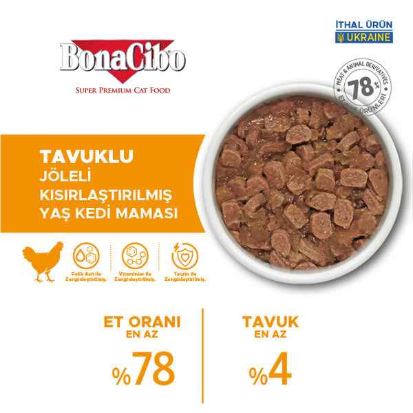 BonaCibo Jöleli Tavuklu Kısırlaştırılmış Kedi Pouch Maması 85 gr x 12