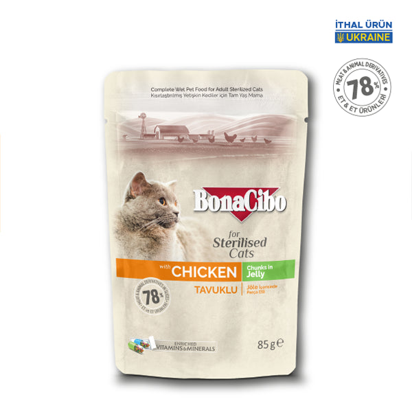 BonaCibo Jöleli Tavuklu Kısırlaştırılmış Kedi Pouch Maması 85 gr x 12