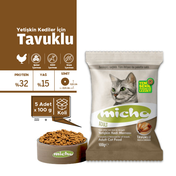 Micho Tavuklu Yetişkin Kedi Kuru Maması 100 gr x 5