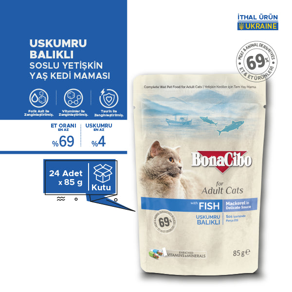 BonaCibo Soslu Uskumru Balıklı Kedi Pouch Maması 85 gr x 12