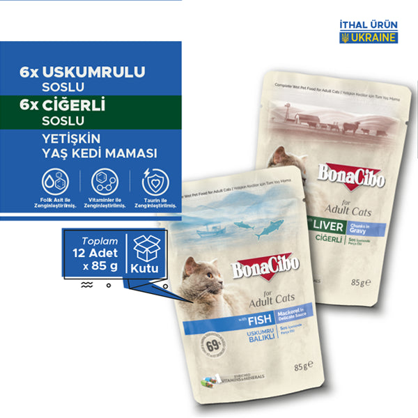BonaCibo Soslu Uskumru Balıklı Kedi Pouch Maması 85 gr x 12