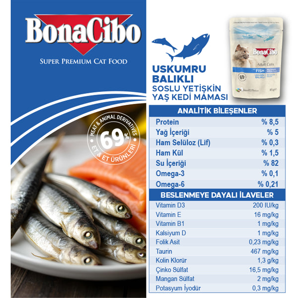 BonaCibo Soslu Uskumru Balıklı Kedi Pouch Maması 85 gr x 12