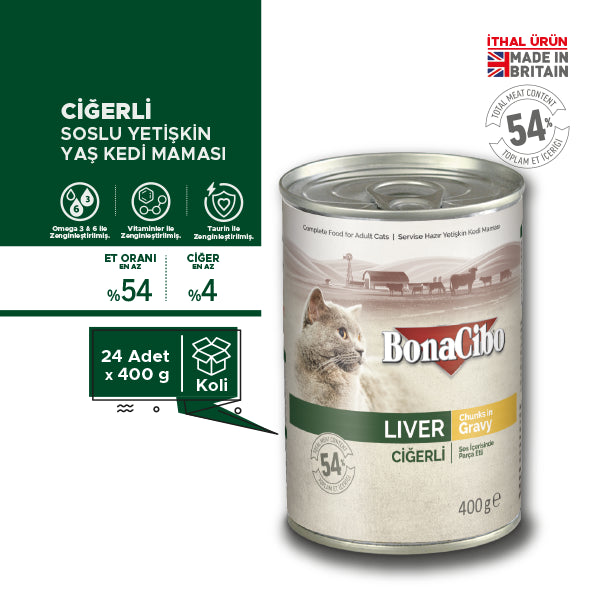 BonaCibo Soslu Ciğerli Yetişkin Kedi Yaş Maması 400 gr x 6