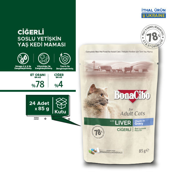 BonaCibo Soslu Ciğerli %78 Etli Yetişkin Kedi Pouch Maması 85 gr x 12