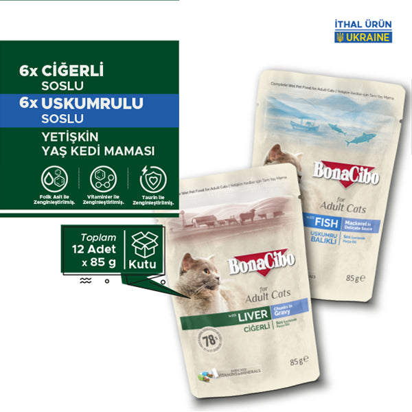 BonaCibo Soslu Ciğerli %78 Etli Yetişkin Kedi Pouch Maması 85 gr x 12