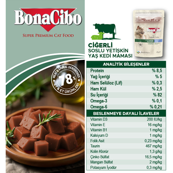BonaCibo Soslu Ciğerli %78 Etli Yetişkin Kedi Pouch Maması 85 gr x 12