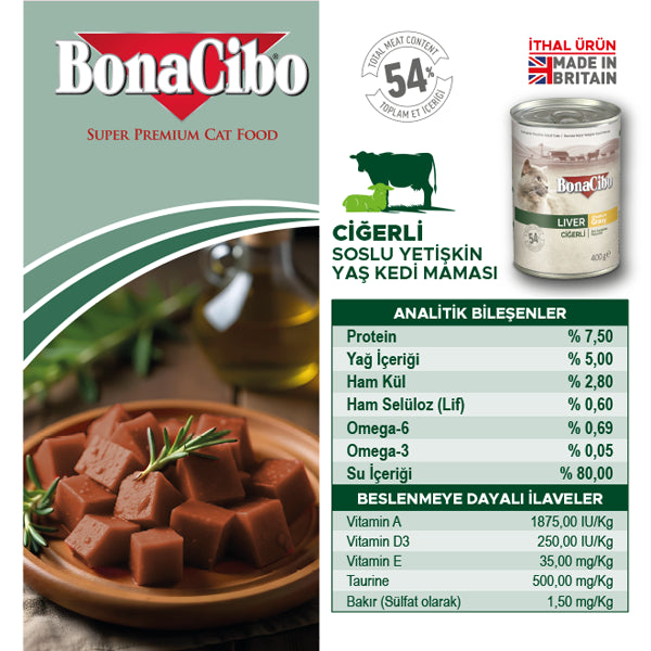 BonaCibo Soslu Ciğerli Yetişkin Kedi Yaş Maması 400 gr x 6