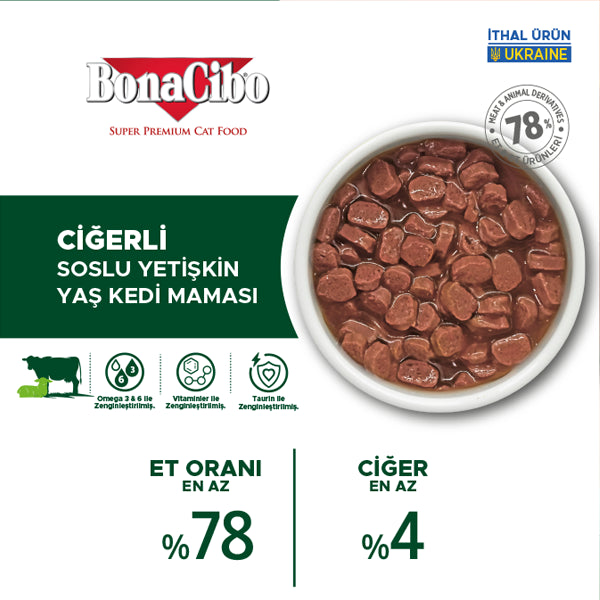 BonaCibo Soslu Ciğerli %78 Etli Yetişkin Kedi Pouch Maması 85 gr x 12