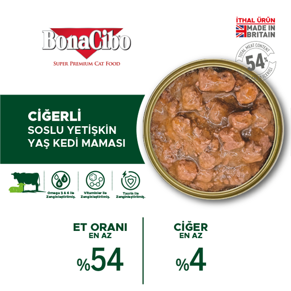 BonaCibo Soslu Ciğerli Yetişkin Kedi Yaş Maması 400 gr x 6
