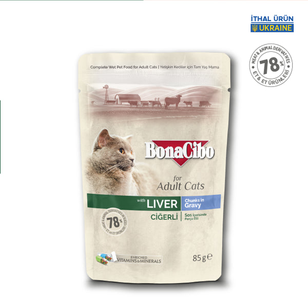 BonaCibo Soslu Ciğerli %78 Etli Yetişkin Kedi Pouch Maması 85 gr x 12