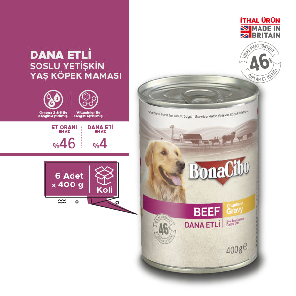 BonaCibo Soslu Dana Etli Yetişkin Köpek Yaş Maması 400 gr x 12