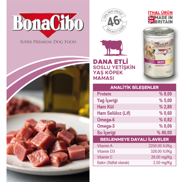 BonaCibo Soslu Dana Etli Yetişkin Köpek Yaş Maması 400 gr x 12