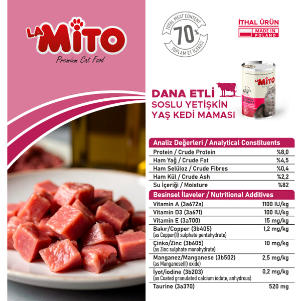 La Mito Soslu Parça Dana Etli Yetişkin Kedi Yaş Maması 415 gr x 6