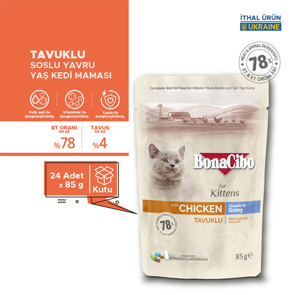 BonaCibo Soslu Tavuklu Yavru Kedi Pouch Maması 85 gr x 12
