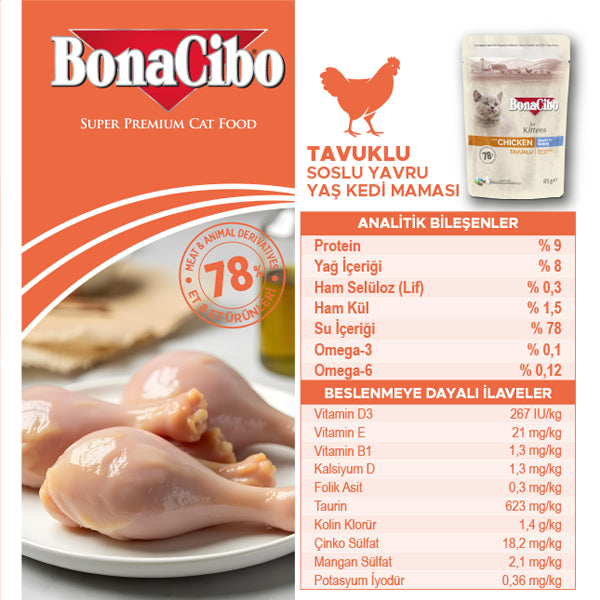 BonaCibo Soslu Tavuklu Yavru Kedi Pouch Maması 85 gr x 12
