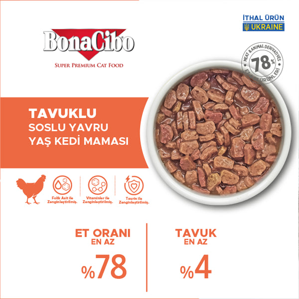 BonaCibo Soslu Tavuklu Yavru Kedi Pouch Maması 85 gr x 12