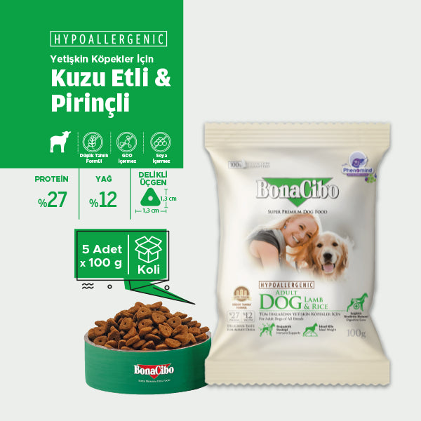 BonaCibo Hipoalerjenik Kuzu-Pirinçli Yetişkin Köpek Maması 100 gr x 5