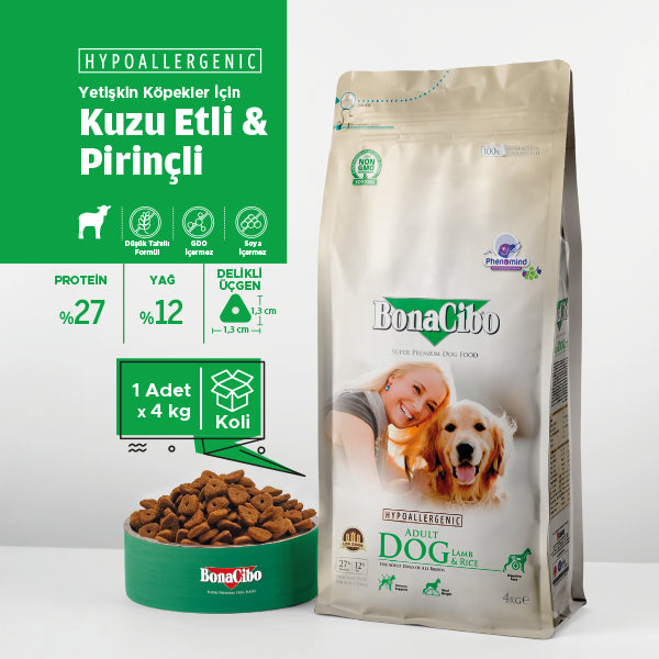 BonaCibo Hipoalerjenik Kuzu-Pirinçli Yetişkin Köpek Maması 100 gr x 5
