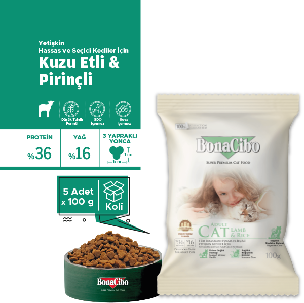 BonaCibo Kuzu Etli ve Pirinçli Yetişkin Kedi Kuru Maması 100 gr x 5