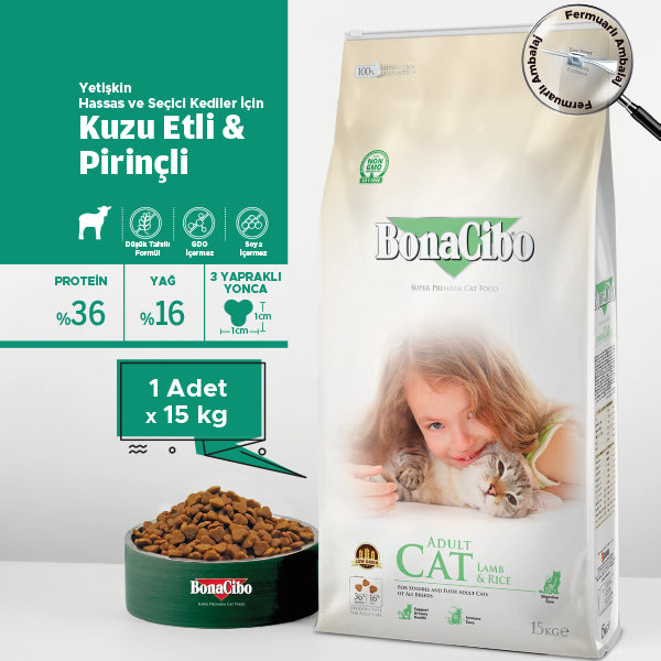 BonaCibo Kuzu Etli ve Pirinçli Yetişkin Kedi Kuru Maması 100 gr x 5
