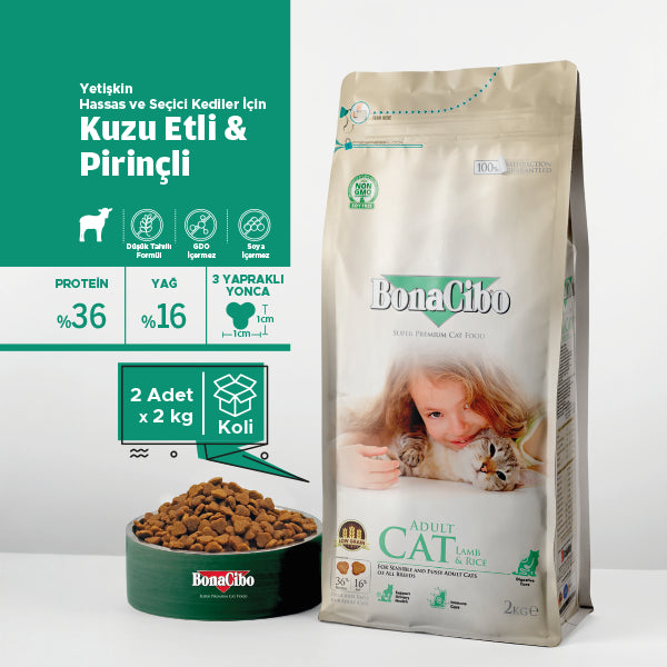 BonaCibo Kuzu Etli ve Pirinçli Yetişkin Kedi Kuru Maması 100 gr x 5