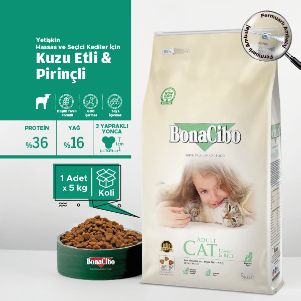 BonaCibo Kuzu Etli ve Pirinçli Yetişkin Kedi Kuru Maması 100 gr x 5