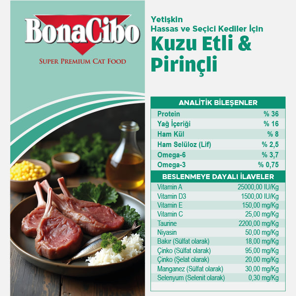 BonaCibo Kuzu Etli ve Pirinçli Yetişkin Kedi Kuru Maması 100 gr x 5
