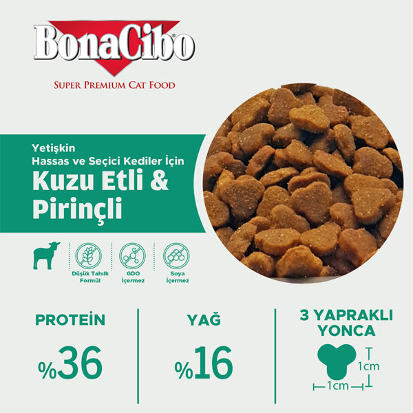 BonaCibo Kuzu Etli ve Pirinçli Yetişkin Kedi Kuru Maması 100 gr x 5