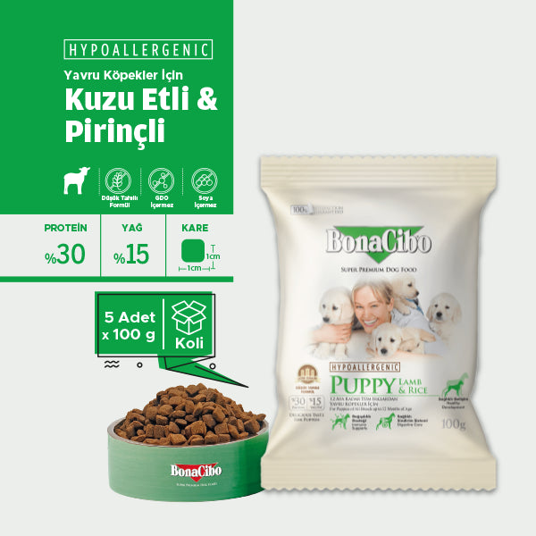 BonaCibo Kuzu Etli ve Pirinçli Yavru Köpek Kuru Maması 100 gr x 5