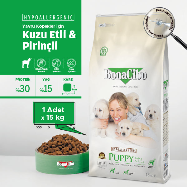 BonaCibo Kuzu Etli ve Pirinçli Yavru Köpek Kuru Maması 100 gr x 5