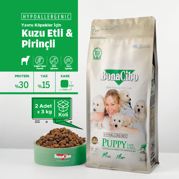 BonaCibo Kuzu Etli ve Pirinçli Yavru Köpek Kuru Maması 100 gr x 5
