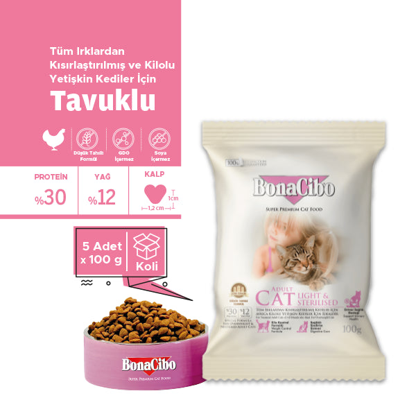 BonaCibo Tavuklu Kısırlaştırılmış Yetişkin Kedi Kuru Maması 100 gr x 5