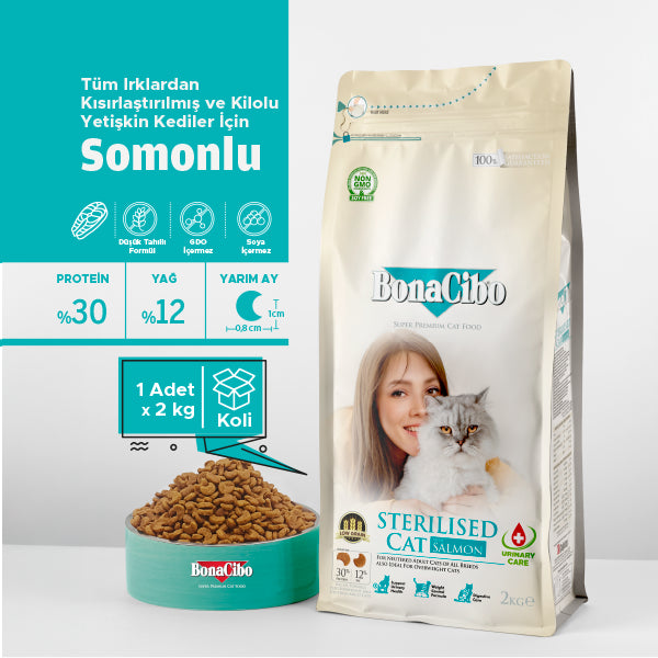 BonaCibo Somonlu Kısırlaştırılmış Yetişkin Kedi Kuru Maması 2 kg x 2