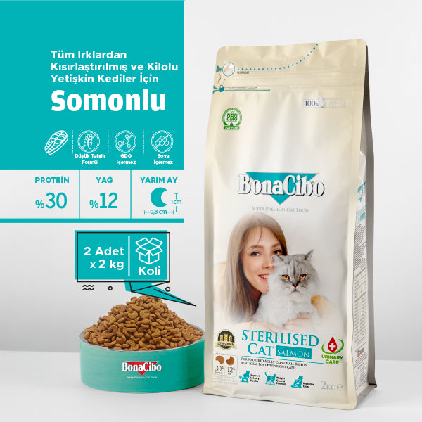 BonaCibo Somonlu Kısırlaştırılmış Yetişkin Kedi Kuru Maması 2 kg x 2