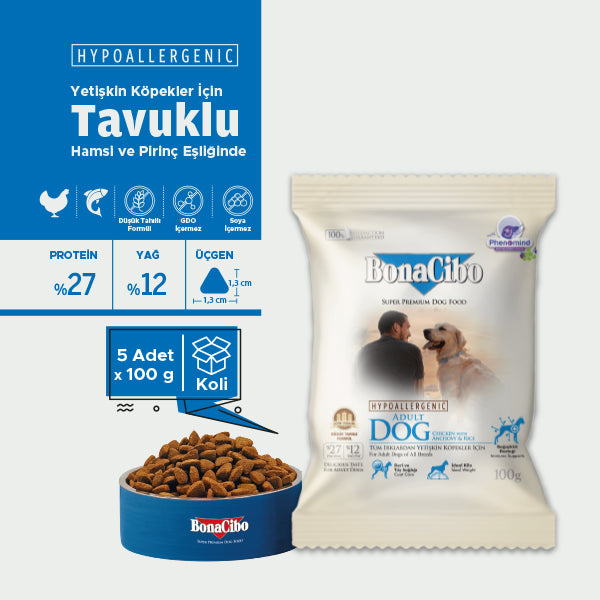 BonaCibo Tavuk ve Balıklı Yetişkin Köpek Kuru Maması 100 gr x 5