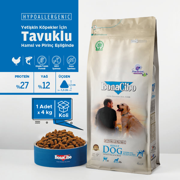 BonaCibo Tavuk ve Balıklı Yetişkin Köpek Kuru Maması 100 gr x 5