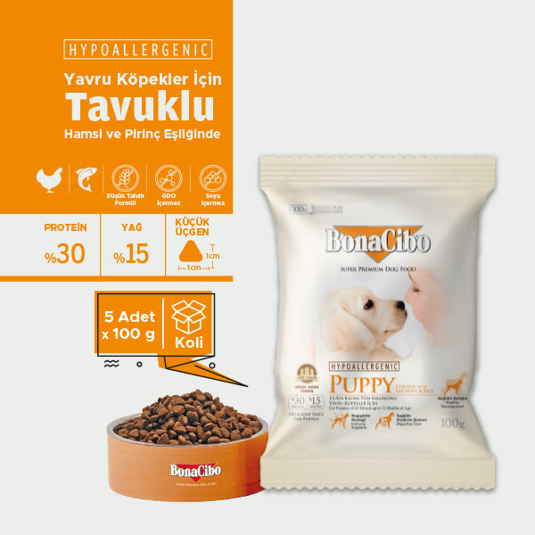 BonaCibo Omega-3'lü Tavuk-Balıklı Yavru Köpek Kuru Maması 100 gr x 5