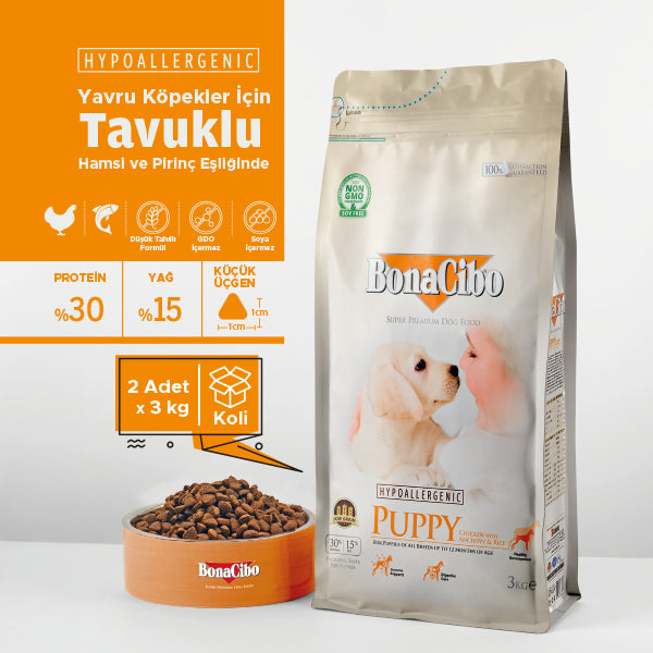 BonaCibo Omega-3'lü Tavuk-Balıklı Yavru Köpek Kuru Maması 100 gr x 5