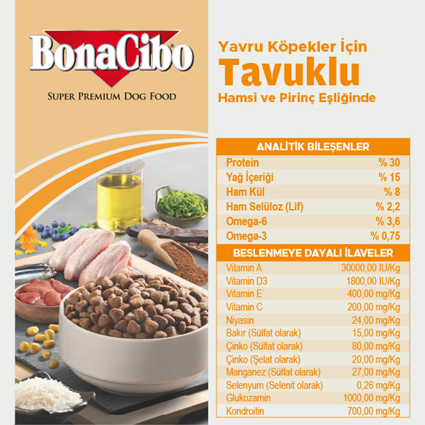 BonaCibo Omega-3'lü Tavuk-Balıklı Yavru Köpek Kuru Maması 100 gr x 5