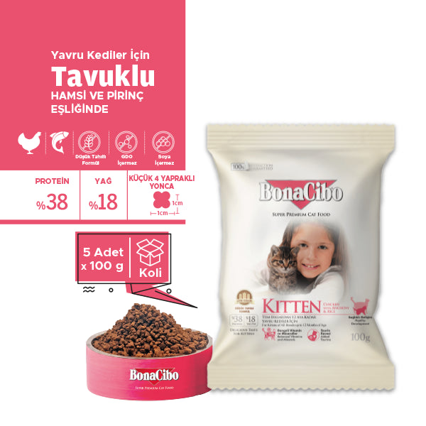 BonaCibo Tavuklu Yavru Kedi Kuru Maması 100 gr x 5