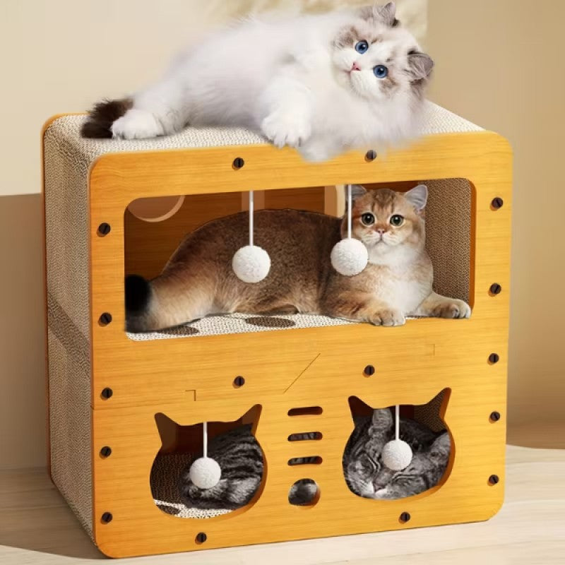İki Katlı Tırmalamalı Ahşap Kedi Oyun Evi