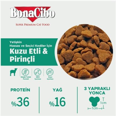 BonaCibo Kuzu Etli ve Pirinçli Yetişkin Kedi Kuru Maması 2 kg