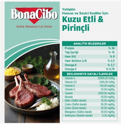 BonaCibo Kuzu Etli ve Pirinçli Yetişkin Kedi Kuru Maması 2 kg