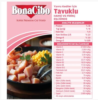 BonaCibo Tavuklu, Hamsi ve Pirinçli Yavru Kedi Maması 1,5 kg