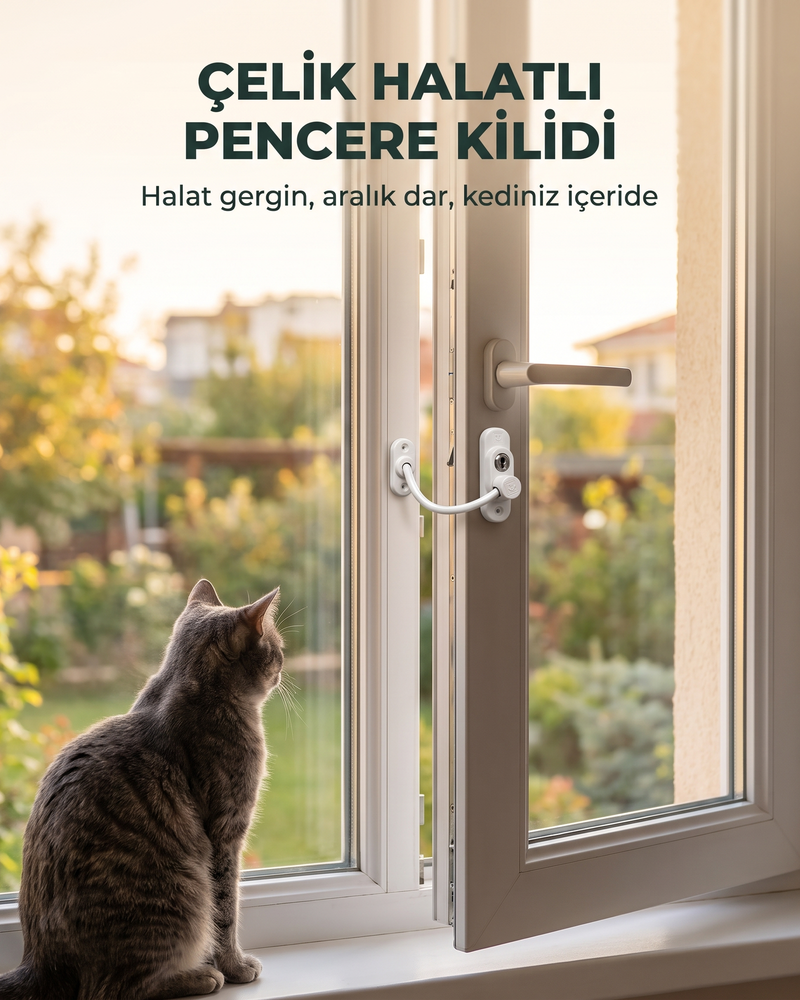 Çelik Halatlı Pencere Emniyet Kilidi (Kedi Güvenliği, Beyaz)