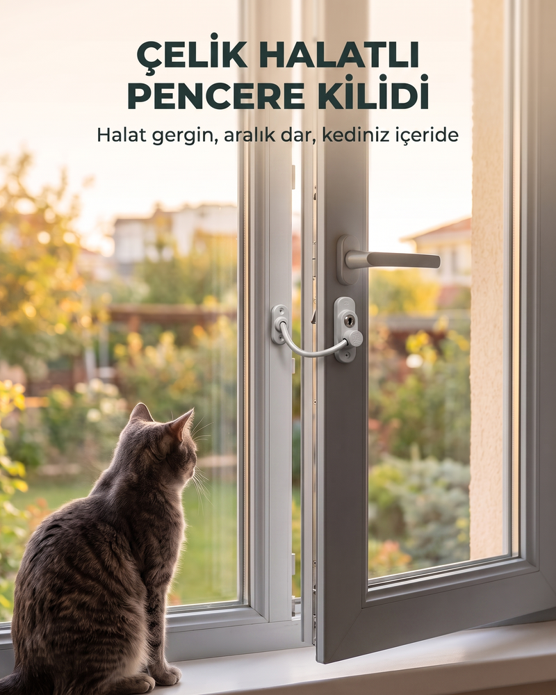 Çelik Halatlı Pencere Emniyet Kilidi (Kedi Güvenliği, Gri)