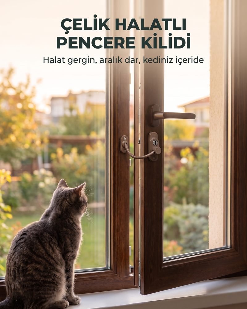 Çelik Halatlı Pencere Emniyet Kilidi (Kedi Güvenliği, Kahverengi)
