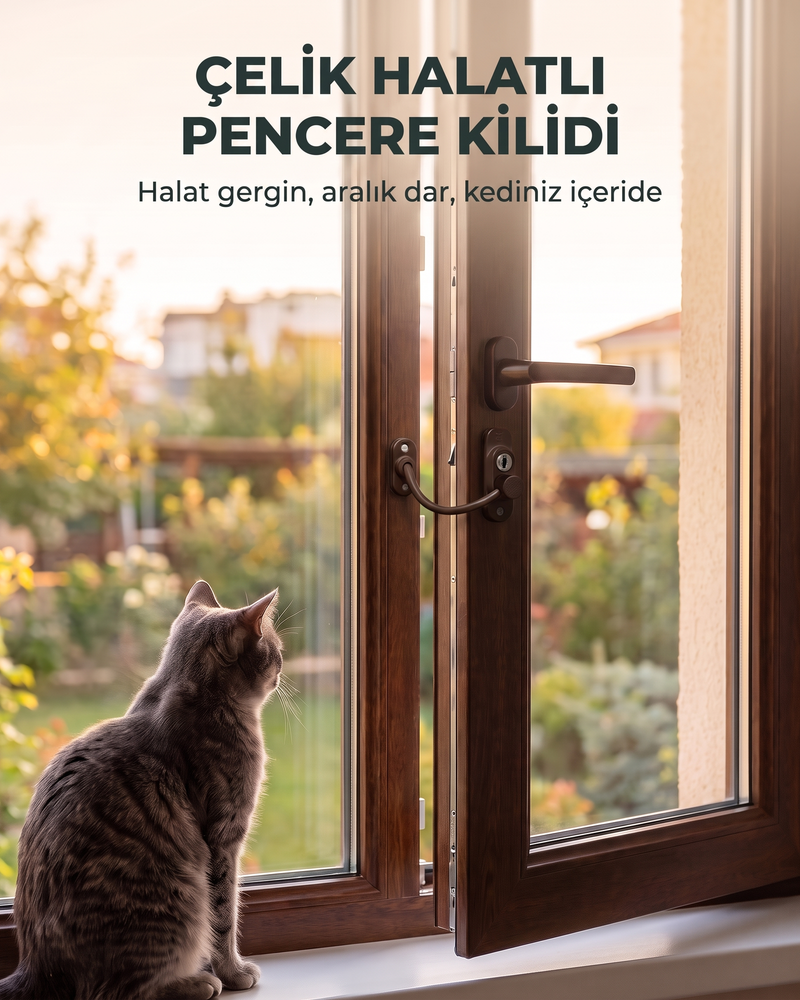 Aralık koyu kahverengi pencereye takılı halatlı kilit ve dışarı bakan tekir kedi